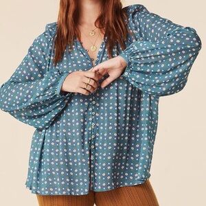 Spell Blue Floral Button-Up Top Yellow Rose Blouse - Cornflower Blue